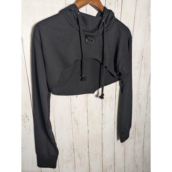 Black Cropped Hoodie Size Small Goth Y2K Streetwear Punk Baddie Grunge Alt - Picture 2 of 8